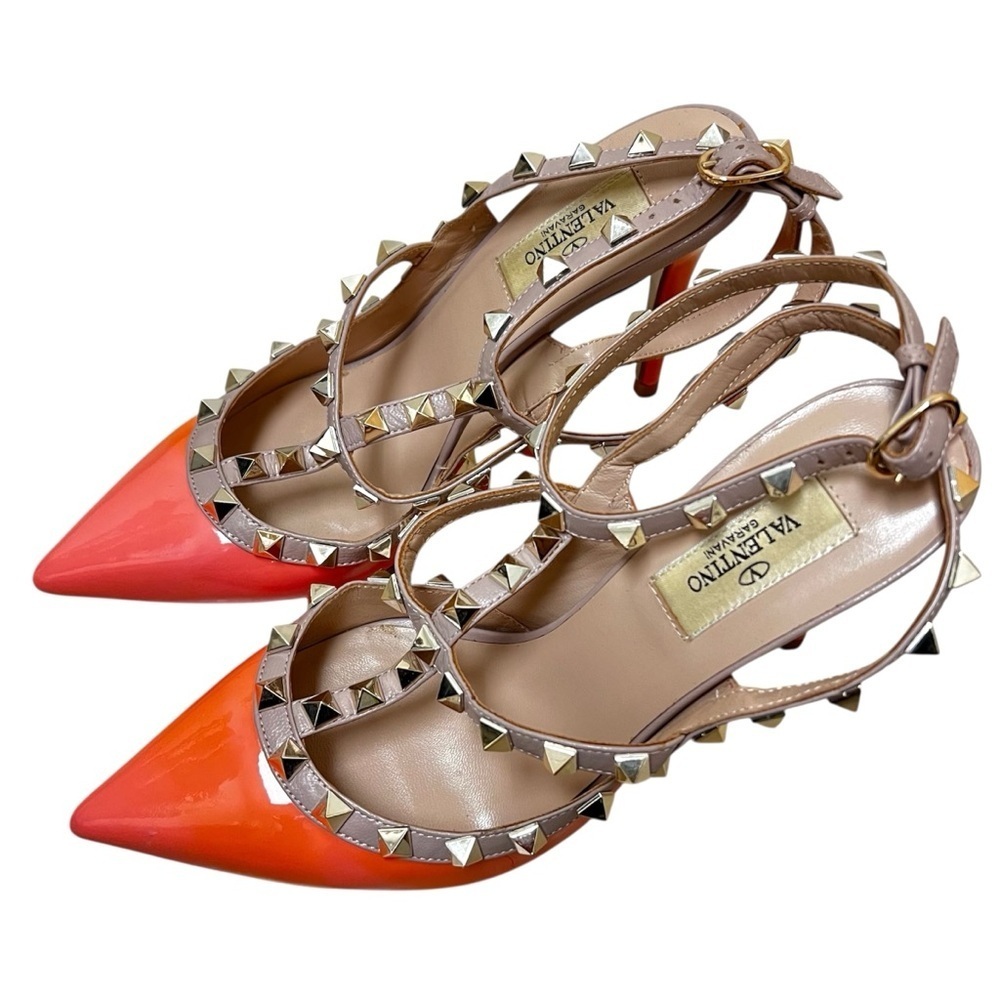 Valentino 6 Calfskin Nappa Rockstud T-Strap Patent Orange Poudre Pumps Heels - Picture 4 of 16